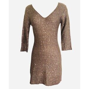 Studio M Women S Mocha W/Sequin Form Fit Long Sleeve Pullover Dress New With Tag